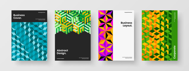 Vivid journal cover design vector template collection. Colorful mosaic tiles poster illustration bundle.