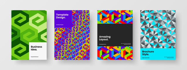 Multicolored mosaic pattern journal cover concept bundle. Abstract company identity A4 vector design layout collection.