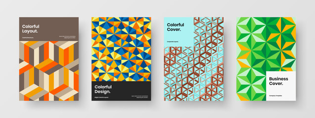 Minimalistic mosaic tiles magazine cover illustration collection. Trendy annual report design vector layout composition.