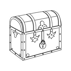Chest simple linear icon. Wooden chest with a padlock and metal parts. For storage, savings, things or money