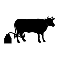 Silhouette icon cow and milking machine. Simple icon of agricultural milk products and milking machines