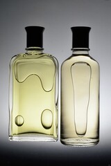 transparent jars with perfume lie on a light background. Close-up