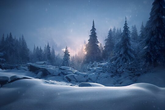 Stunning photorealistic illustration of winter landscape. Ai generated portrait, is not based on any original real image
