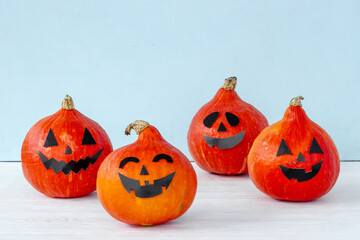 Festive Halloween pumpkin ghosts heads. Halloween greeting card