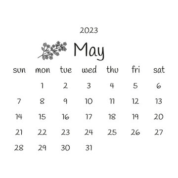 2023 May Calendar With Flowering Twig. Black And White Modern Calendar, Monthly Planner. Vector Hand Drawn Doodle Illustration. Modern Simple Design. Spring Month