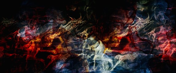 Colored abstract background made with alcohol ink technique, modern illustration isolated on black backdrop, fiery burning energy, watercolor painting with explosion concept