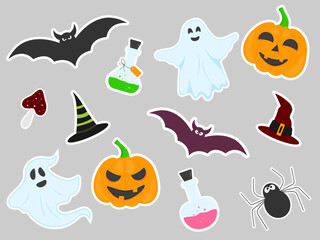 Stickers flat for halloween on grey background - pumpkins, ghost, spider, witch hat, bat, magic potion, mushroom
