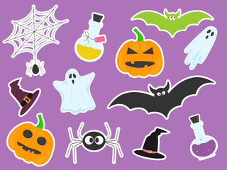 Set of flat stickers halloween on background, pumpkin, ghost, spider, witch hat, bat, magic potion