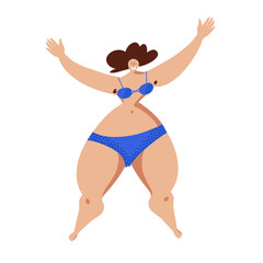 A smiling Plus-size woman with her arms raised. The concept of harmony and self-acceptance.