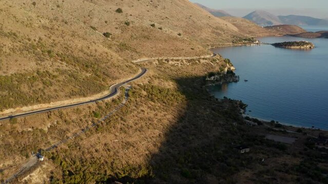 Aerial View of Porto Palermos epic coast during sunset, Albania