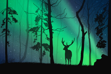Lonely deer in misty forest. Animal silhouette. Green aurora borealis