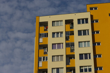 Yellow building in Warsaw, apartment block, panel building, Polish People's Republic, PRL, renovated building, soviet architecture, communism