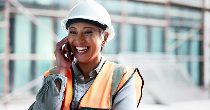 Construction site, contractor and happy woman developer phone call planning for logistics, industrial engineering and city project management. Laughing mature architect manager talking on smartphone