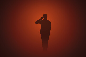 Brave soldier salutes. Armed forces. Silhouette of man in dark red fog