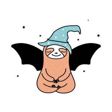 Funny cartoon sloth with bat's wings vector illustration. Lazy Halloween art