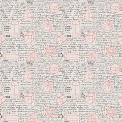 Hand-drawn mathematical seamless pattern with red geometrical figures and black handwritten text Lorem ipsum. Abstract vector repeating background in style of scientist notebook or student copybook