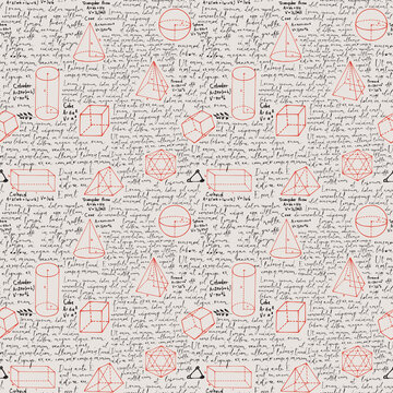 Hand-drawn mathematical seamless pattern with red geometrical figures and black handwritten text Lorem ipsum. Abstract vector repeating background in style of scientist notebook or student copybook