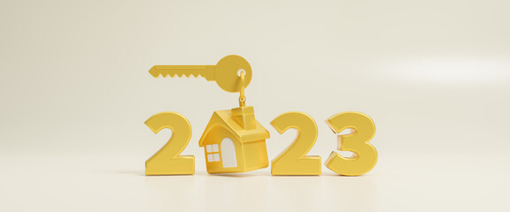 Golden house and key icon with 2023 New Year number on a yellow background. Family budget planning. Investments, plans, savings. Mortgage rates. Real estate concept for home purchase. 3d rendering