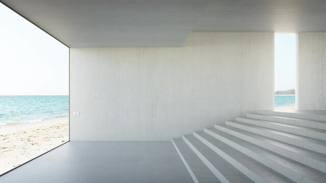 Empty concrete wall of bright large room in modern beach showroom or luxury hotel. Minimal studio interior 3d rendering with sea view.