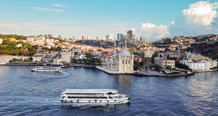Fototapeta na wymiar Aerial drone view of Ortaköy mosque on the Bosporous in Istanbul with ferry boat cruising in front