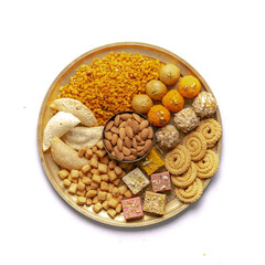 Diwali snacks , Diwali faral, Festival food items, Festival snacks from Maharashtra, Indian festival snacks in a plate top view
