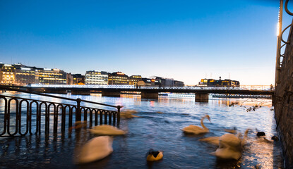 Sunset over Geneva. Embankment of leman River