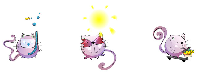 Vector round geometric cat in summer style. Diving with a snorkel and mask, looking at the yellow fish. Basking in the sun, wearing sunglasses. The cat rides a scooter with a bouquet of summer flowers