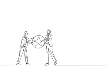 Drawing of businessman boss giving golden star badge to winning employee. Metaphor for recognition. Single continuous line art style