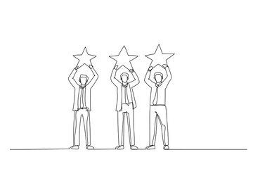 Cartoon of businessman holding the big stars over the head. One line art style