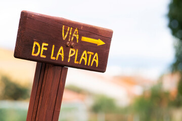 informative sign Via de la Plata , Silver way , for pilgrims to Compostela  , on Camino de Santiago...