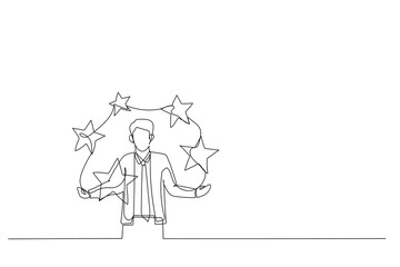 Illustration of five stars performance scoreby businessman. Metaphor for feedback and comments. Single continuous line art style