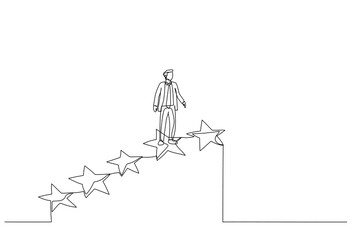 Cartoon of businessman steps towards success or outstanding employee positions. One line art style