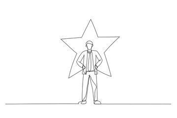 Drawing of businessman standing with glowing star on his background. Single continuous line art style