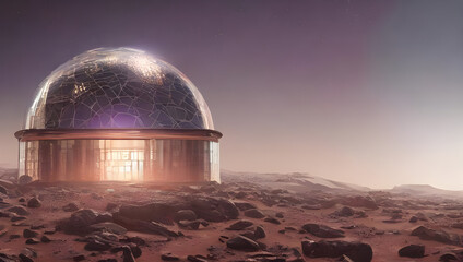 Obraz premium metropolis city on mars under a shining glass dome - alien planet - science fiction - sci-fi - future - space - red desert - dune - concept art - digital painting - illustration