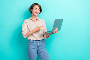 Photo of young charming nice woman wear business outfit finger directing advertisement new...