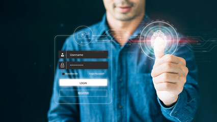 Cyber security, login, data protection concept Fingerprint scanning and biometric authentication, and processing for accessing personal data, surveillance and security scanning cyber