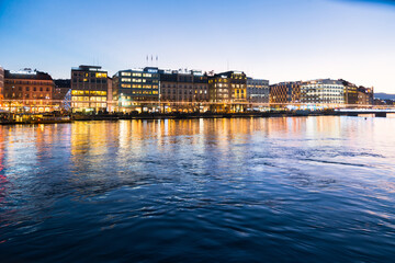 View of the evening embankment of Geneva on Lake leman