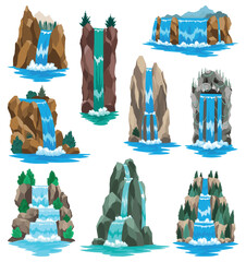 Collection of cartoon river cascade waterfalls. Landscapes with mountains and trees. Design elements for travel brochure or illustration mobile game. Fresh natural water © designer_things