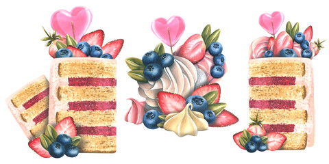 Cake slices and cupcakes with cream, berries, lollipops and meringue. Watercolor illustration. Objects from the SWEETS collection. For decoration and design of menus, cafes, kitchen utensils, dishes.