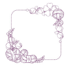 Square banner template for hand made, knitting, sewing. Frame with sewing and knitting attributes in sketch style