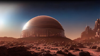 Fototapeta na wymiar colony on mars, first martian city in red desert landscape on the red planet