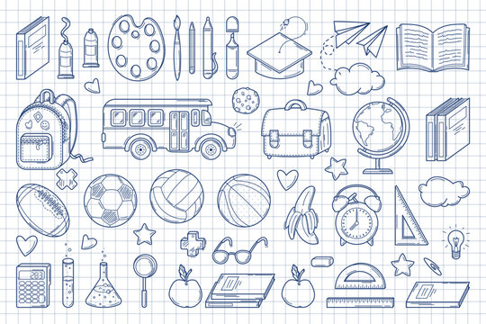 Back to School. Huge set of school bus and supplies in sketch style isolated on checkered background