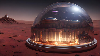 metropolis on mars under a shining glass dome - alien planet - science fiction - sci-fi - future - space - red desert - dune - concept art - digital painting - illustration - 539174910