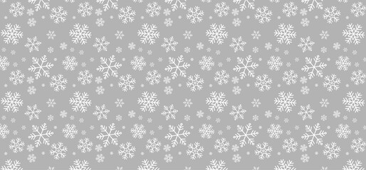 Seamless pattern with snowflakes and gray background. winter. Seasonal greeting card template