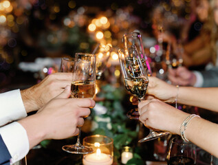 Hands of people with glasses on a holiday. Party, night, alcohol
