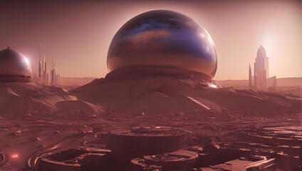 Fototapeta na wymiar metropolis on mars under a shining glass dome - alien planet - science fiction - sci-fi - future - space - red desert - dune - concept art - digital painting - illustration
