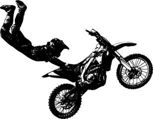 A motorcyclist performing a stunt on a motorcycle. Vector illustration of bike stunt man silhouette. Sketch drawing of a man doing a bike stunt in the air