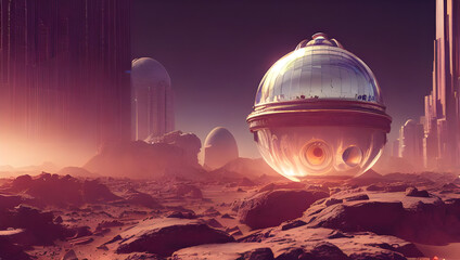 Fototapeta na wymiar domed city on the red planet mars - alien planet - science fiction - sci-fi - future - space - red desert - dune - concept art - digital painting - illustration