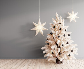 Gray interior with white Christmas tree and hanging glowing paper stars decoration 3D Rendering, 3D...
