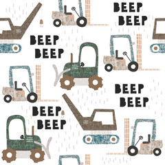 Seamless pattern with construction machinery. Kids cartoon print. Vector hand drawn illustration. © bilaaa